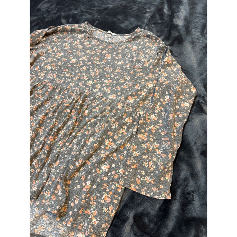 Chic Soul Floral 3/4 Sleeve Peplum Babydoll Top Gray Orange 2XL Plus Size